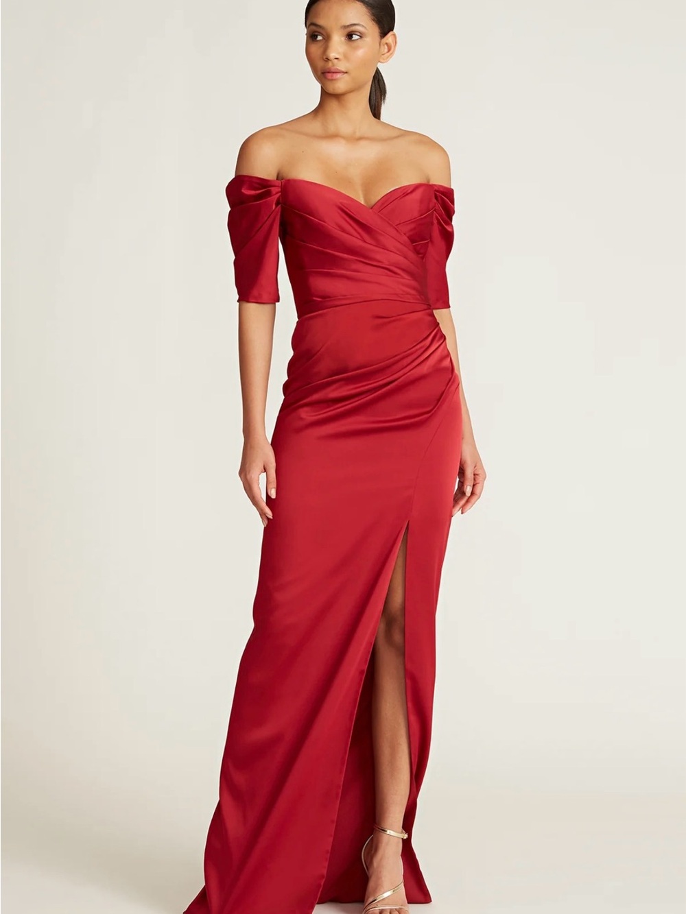 Theia Deep Red Satin Draped Maxi Gown